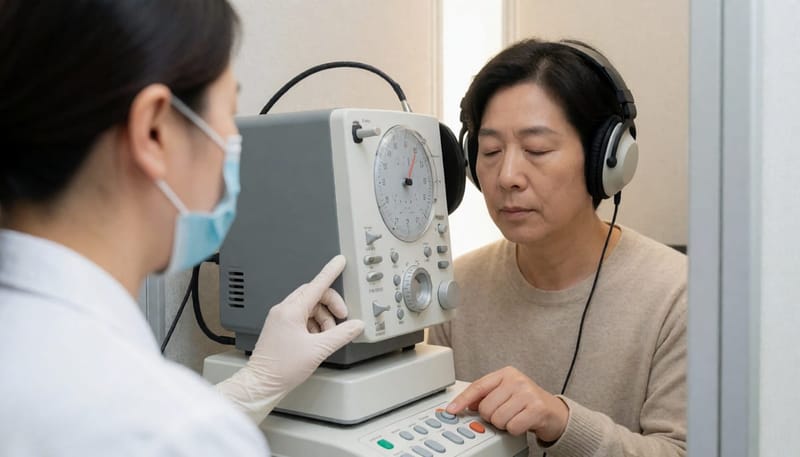 방음 부스 안에서 진행되는 순음청력검사 장면